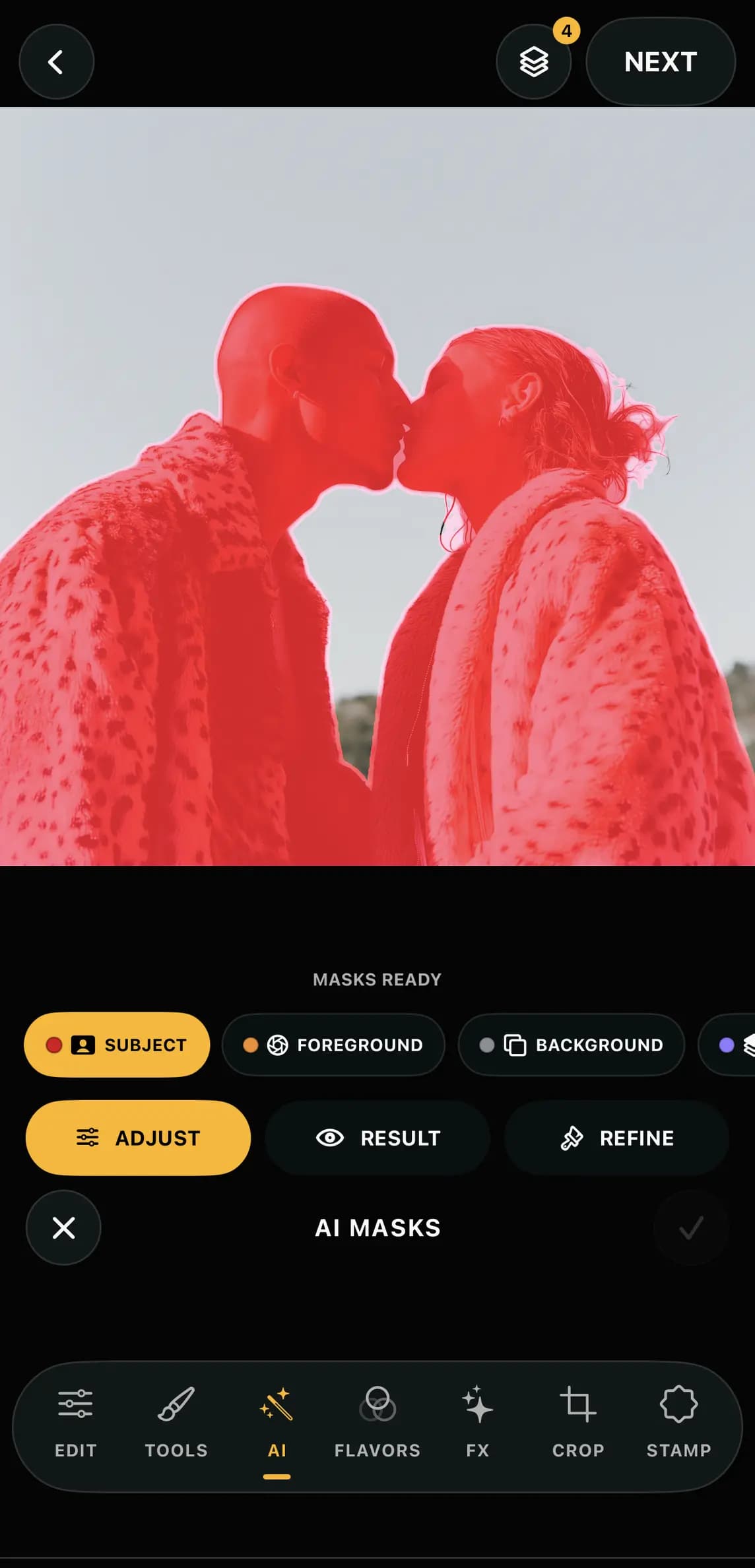 Ohrangutang Studio AI Masks identifying and refining a subject on iPad
